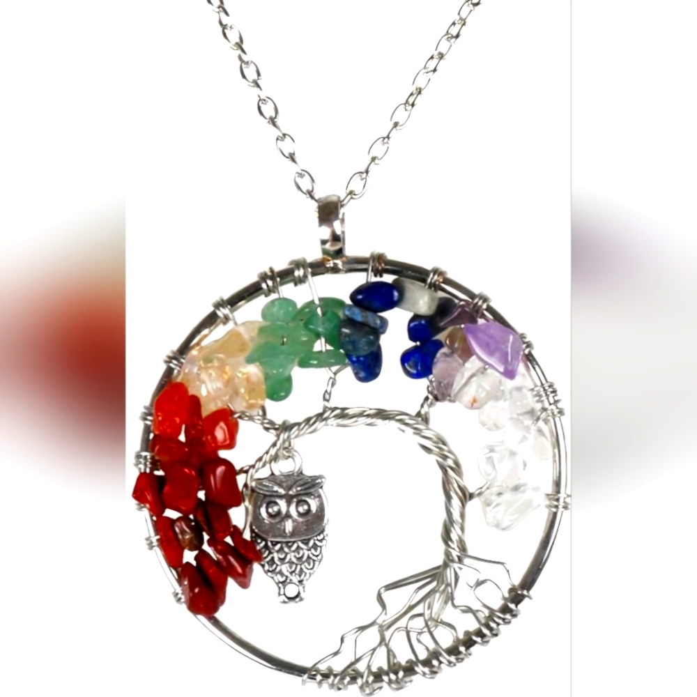 Owl on Tree of Life, Pendant Necklace w/ Natural Gemstones. NWT